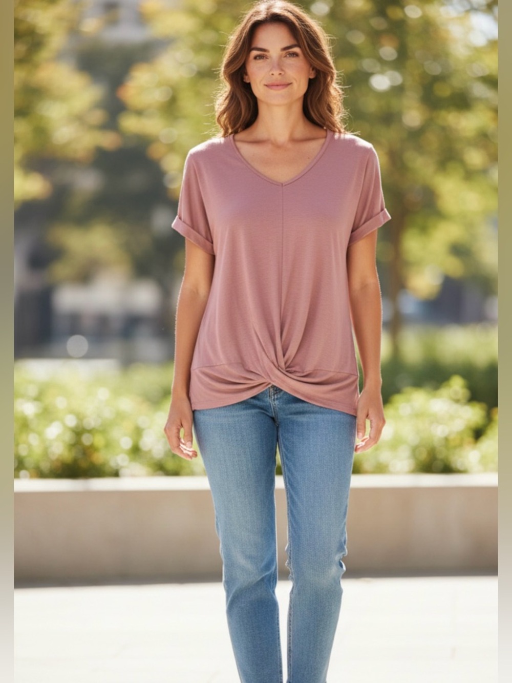 NWT: size S cupshe butter soft  Twist-Front V-Neck Tee in Dusty Rose